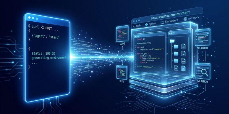 A futuristic visualization of a single API call spawning a complete AI agent with Linux sandbox, code execution and web search - ByteIota