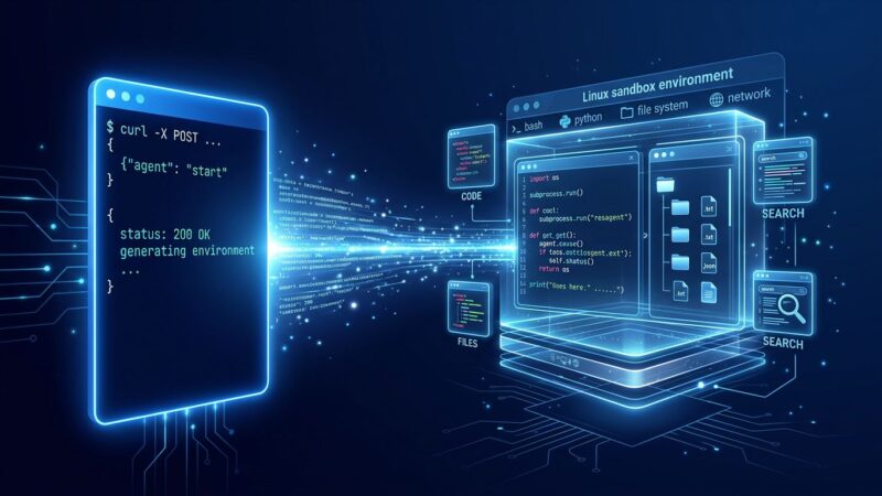 A futuristic visualization of a single API call spawning a complete AI agent with Linux sandbox, code execution and web search - ByteIota