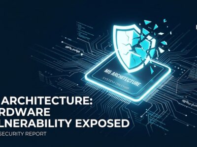 Abstract visualization of Apple M5 chip with cracking security shield, representing MIE bypass via AI-assisted exploit research