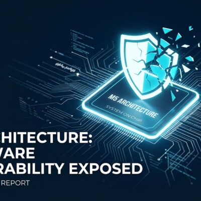 Abstract visualization of Apple M5 chip with cracking security shield, representing MIE bypass via AI-assisted exploit research