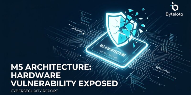 Abstract visualization of Apple M5 chip with cracking security shield, representing MIE bypass via AI-assisted exploit research