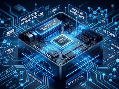 AMD Ryzen AI Max PRO 400 mini PC with neural network visualization for local LLM inference