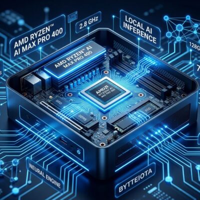 AMD Ryzen AI Max PRO 400 mini PC with neural network visualization for local LLM inference