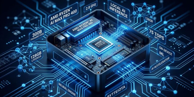AMD Ryzen AI Max PRO 400 mini PC with neural network visualization for local LLM inference