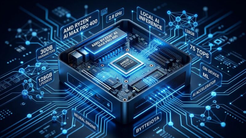 AMD Ryzen AI Max PRO 400 mini PC with neural network visualization for local LLM inference