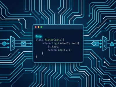 KernelScript eBPF programming language terminal showing @xdp decorator syntax with network packet flow visualization on dark blue background