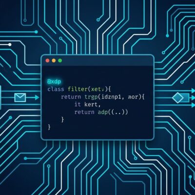 KernelScript eBPF programming language terminal showing @xdp decorator syntax with network packet flow visualization on dark blue background