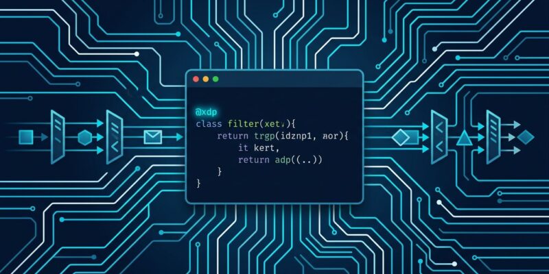 KernelScript eBPF programming language terminal showing @xdp decorator syntax with network packet flow visualization on dark blue background