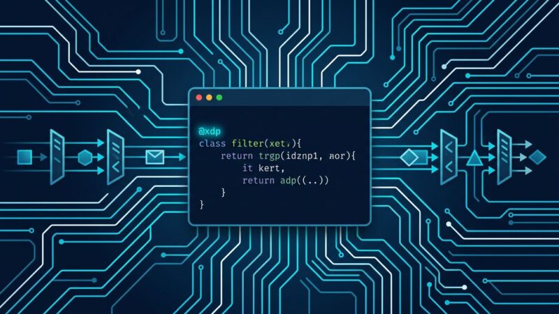 KernelScript eBPF programming language terminal showing @xdp decorator syntax with network packet flow visualization on dark blue background