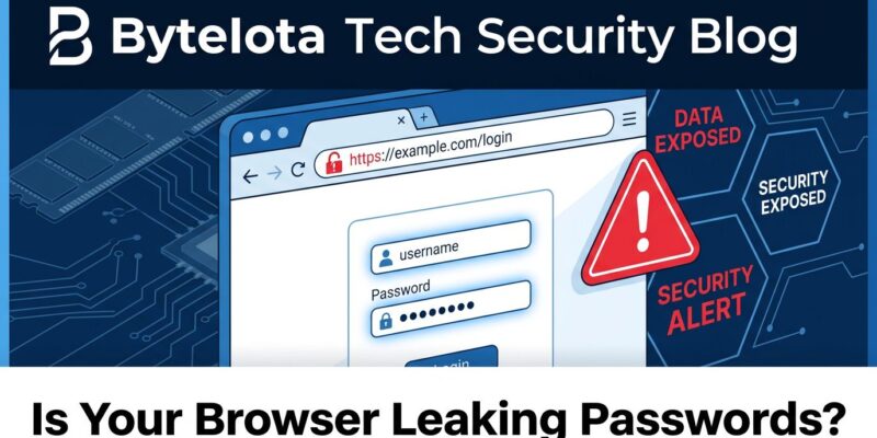 Browser window showing password security vulnerability with broken padlock and memory chips