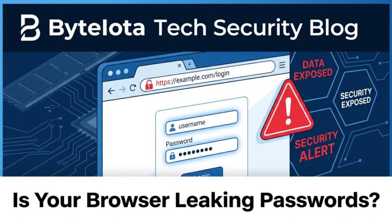 Browser window showing password security vulnerability with broken padlock and memory chips
