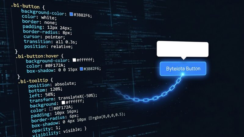 CSS anchor positioning diagram showing a tooltip tethered to a button with a glowing blue anchor line on dark background