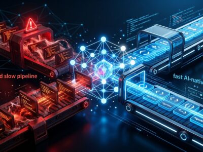 Futuristic CI/CD pipeline visualization with AI optimization layer — Avrea raises .7M to fix CI/CD for the AI coding era