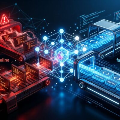 Futuristic CI/CD pipeline visualization with AI optimization layer — Avrea raises .7M to fix CI/CD for the AI coding era
