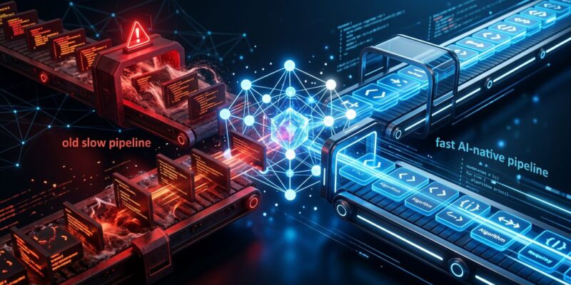 Futuristic CI/CD pipeline visualization with AI optimization layer — Avrea raises .7M to fix CI/CD for the AI coding era