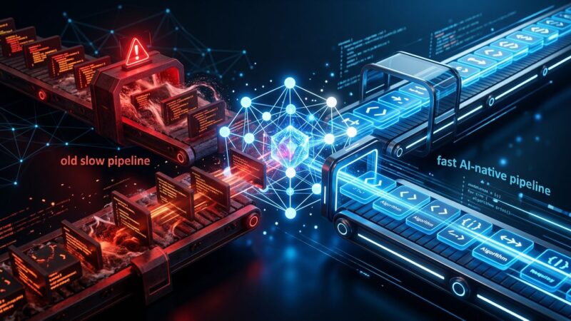 Futuristic CI/CD pipeline visualization with AI optimization layer — Avrea raises .7M to fix CI/CD for the AI coding era