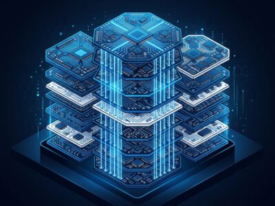 3D-stacked chip architecture visualization showing LogicFolding vertical circuit layers in blue and white