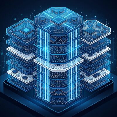 3D-stacked chip architecture visualization showing LogicFolding vertical circuit layers in blue and white