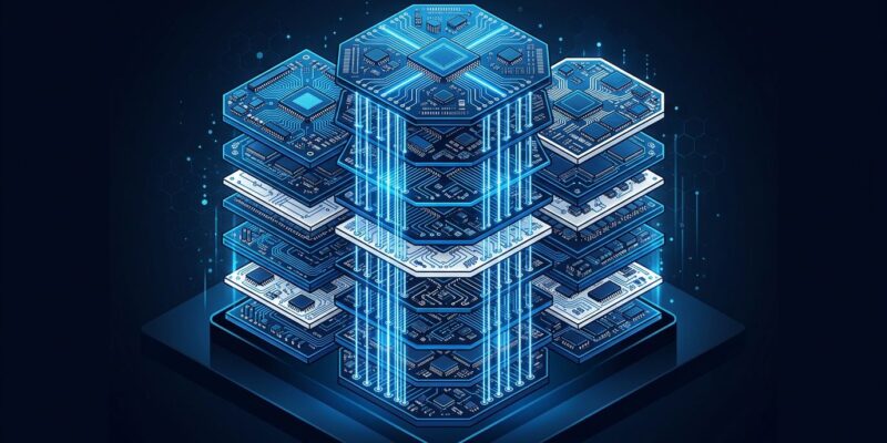 3D-stacked chip architecture visualization showing LogicFolding vertical circuit layers in blue and white