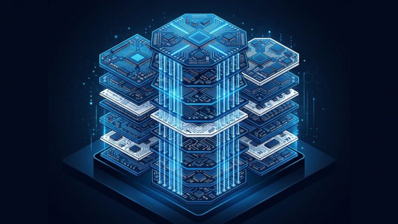3D-stacked chip architecture visualization showing LogicFolding vertical circuit layers in blue and white
