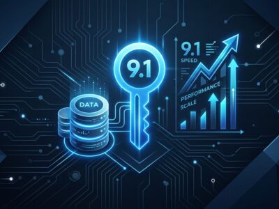 Valkey 9.1 database release featuring blue key icon with database cylinders and performance metrics