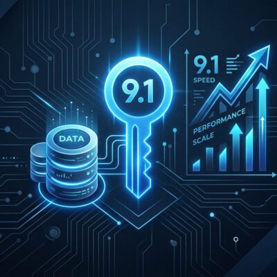 Valkey 9.1 database release featuring blue key icon with database cylinders and performance metrics