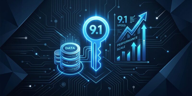 Valkey 9.1 database release featuring blue key icon with database cylinders and performance metrics