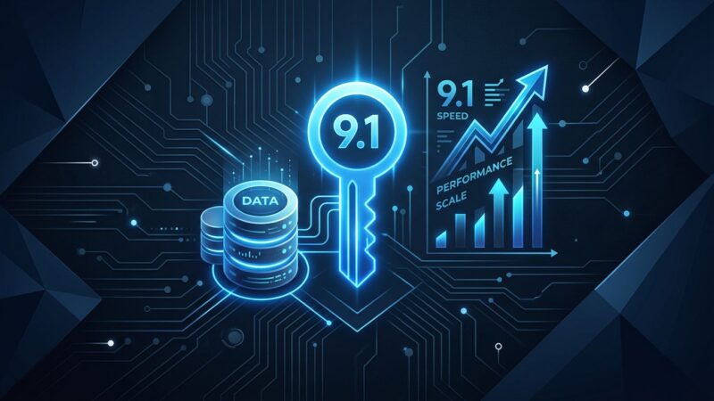 Valkey 9.1 database release featuring blue key icon with database cylinders and performance metrics