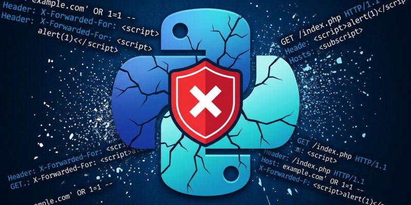 Python logo with fracture lines and warning shield representing the BadHost CVE-2026-48710 Starlette host-header authentication bypass vulnerability