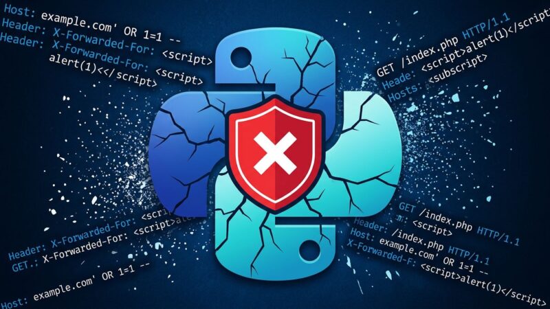 Python logo with fracture lines and warning shield representing the BadHost CVE-2026-48710 Starlette host-header authentication bypass vulnerability
