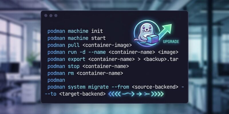 Dark terminal screen showing Podman 6 container migration commands with blue-white gradient styling