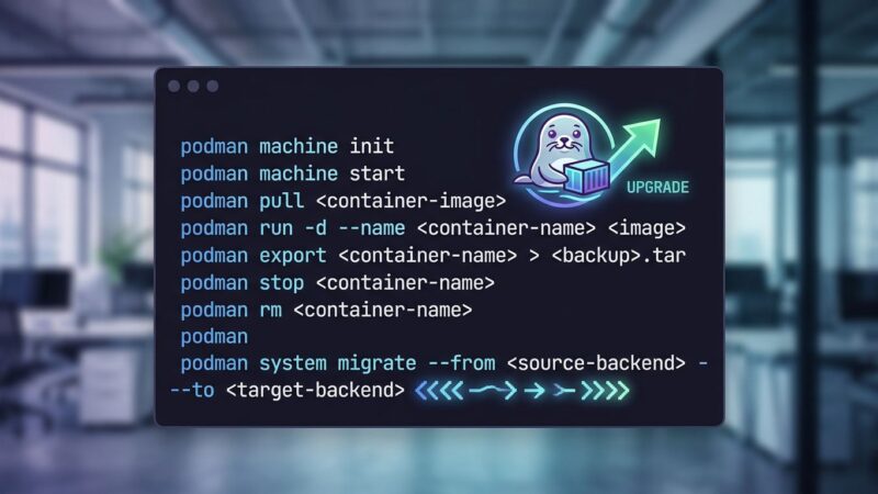 Dark terminal screen showing Podman 6 container migration commands with blue-white gradient styling