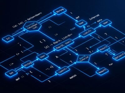 Abstract visualization of Elixir 1.20 type inference system with glowing blue nodes and inference arrows on dark background
