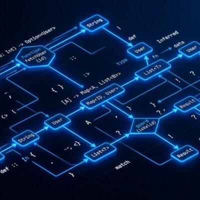 Abstract visualization of Elixir 1.20 type inference system with glowing blue nodes and inference arrows on dark background