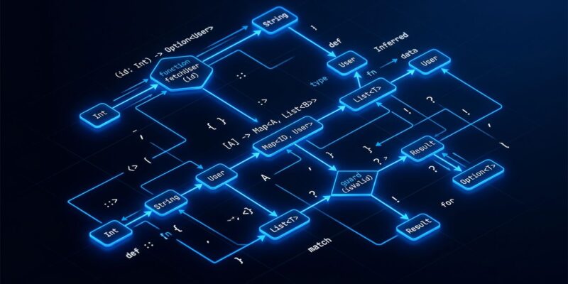 Abstract visualization of Elixir 1.20 type inference system with glowing blue nodes and inference arrows on dark background