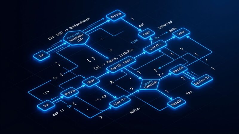 Abstract visualization of Elixir 1.20 type inference system with glowing blue nodes and inference arrows on dark background