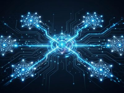 Abstract visualization of AI model routing infrastructure with multiple glowing neural network nodes connected through a central hub, representing OpenRouter's multi-model AI routing layer
