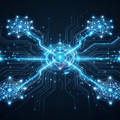 Abstract visualization of AI model routing infrastructure with multiple glowing neural network nodes connected through a central hub, representing OpenRouter's multi-model AI routing layer