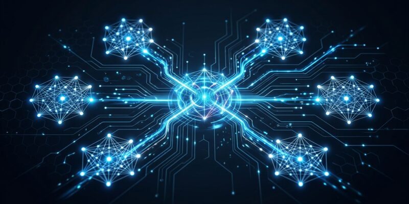 Abstract visualization of AI model routing infrastructure with multiple glowing neural network nodes connected through a central hub, representing OpenRouter's multi-model AI routing layer