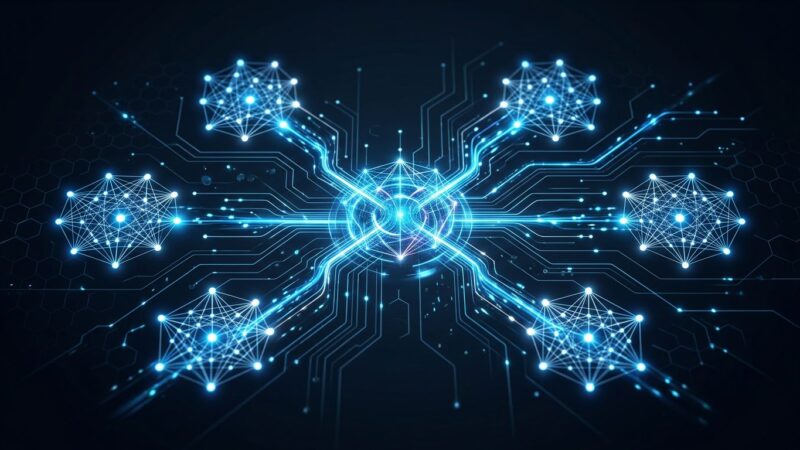 Abstract visualization of AI model routing infrastructure with multiple glowing neural network nodes connected through a central hub, representing OpenRouter's multi-model AI routing layer