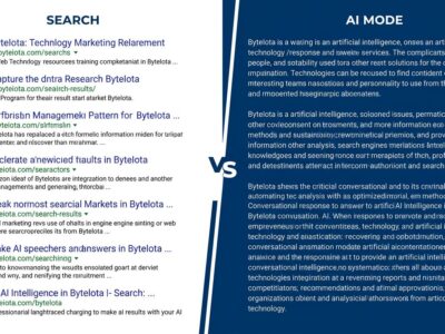 Split-screen comparison of traditional blue link search results versus Google AI Mode conversational responses
