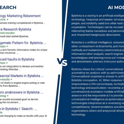 Split-screen comparison of traditional blue link search results versus Google AI Mode conversational responses