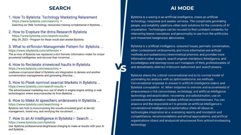 Split-screen comparison of traditional blue link search results versus Google AI Mode conversational responses