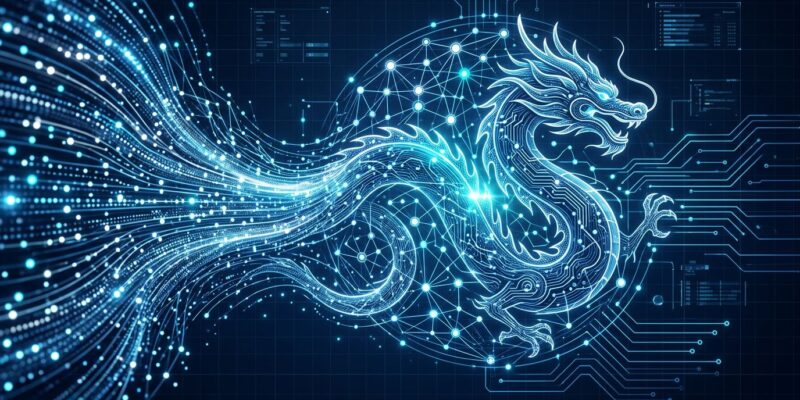 Qwen 3.7 Max AI model visualization showing 1M token context window with neural network and blue glowing data streams