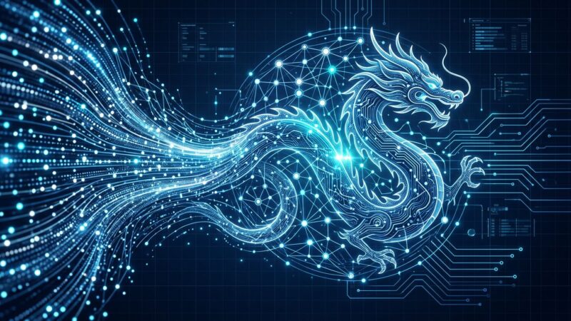 Qwen 3.7 Max AI model visualization showing 1M token context window with neural network and blue glowing data streams