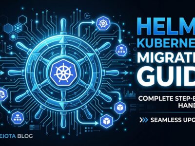 Helm 4 Kubernetes migration guide - ship wheel integrated with Kubernetes cluster nodes on blue circuit board background