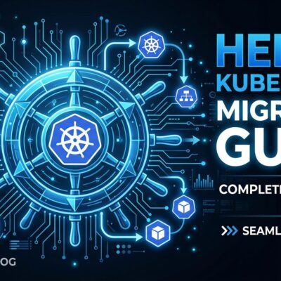 Helm 4 Kubernetes migration guide - ship wheel integrated with Kubernetes cluster nodes on blue circuit board background