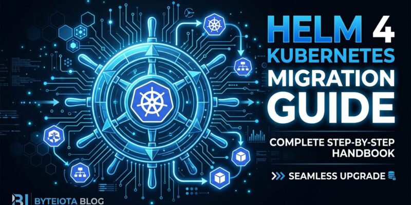 Helm 4 Kubernetes migration guide - ship wheel integrated with Kubernetes cluster nodes on blue circuit board background