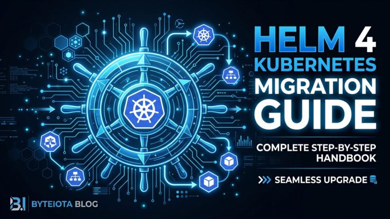 Helm 4 Kubernetes migration guide - ship wheel integrated with Kubernetes cluster nodes on blue circuit board background