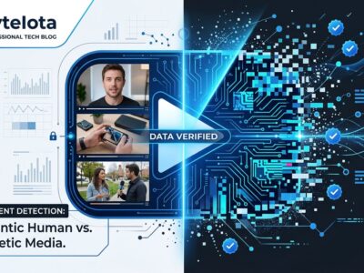 YouTube play button with AI detection scanning beam, showing human vs AI-generated video content split, blue and white tech illustration